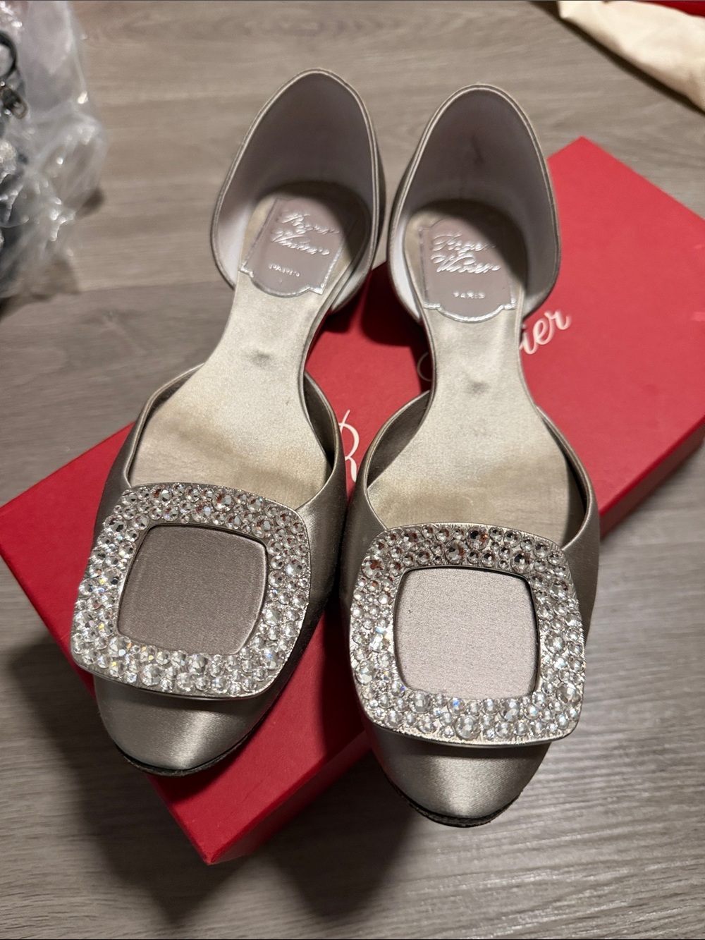 Roger Vivier Silver Satin Crystal Buckle D'Orsay Flats